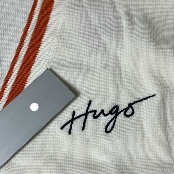 Hugo Boss Cardigan Mens Large Cream Wool Blend V-Neck Striped Preppy Ivy Varsity - Picture 3 of 12